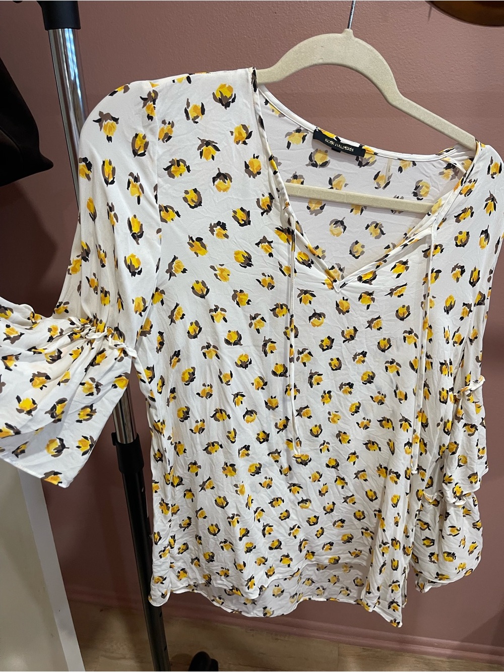 Kobi Halperin White Tie-Neck Blouse with Yellow and Black Floral Print